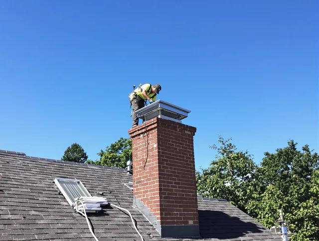 Bridgeport Chimney Sweep technician measuring a chimney cap in Bridgeport, CT