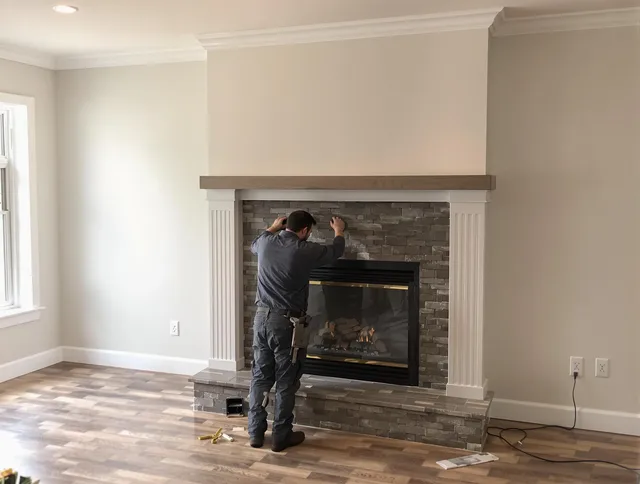 Bridgeport Chimney Sweep finishing a custom fireplace install in Bridgeport, CT